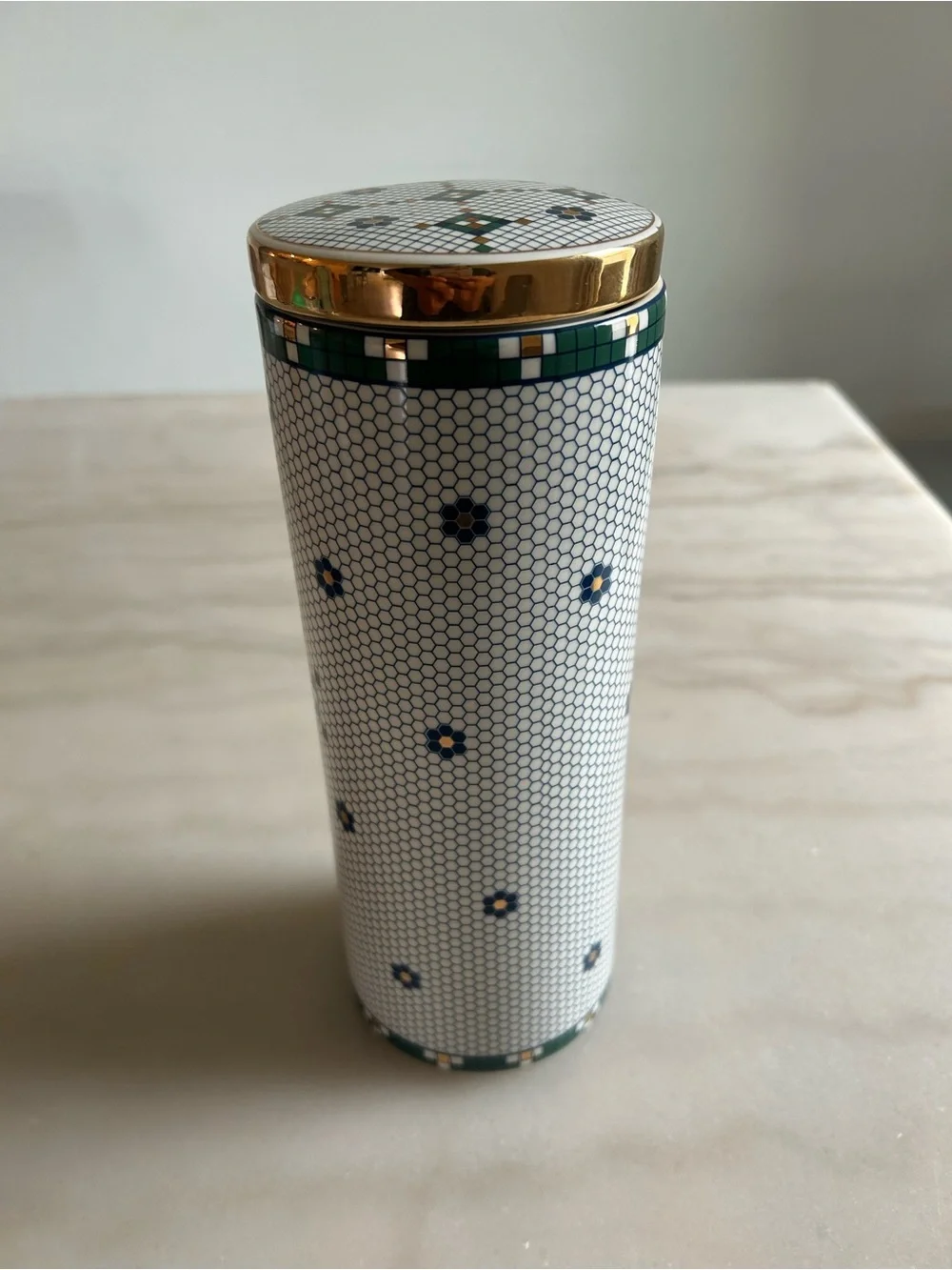 Anthropologie Mosaic 'Trés Bien' French Bistro Tile Canister Jar with Gold Lid
